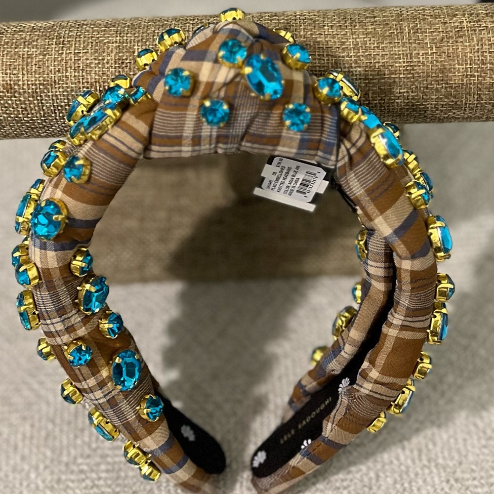 LELE SADOUGHI NWT AQUA BLUE & BRN PLAID EMBELLISHED KNOTTED HEADBAND